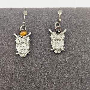 Silver Tone Owl Pendant Drop Earrings Brown Catseye Whimsical Forest Nymph